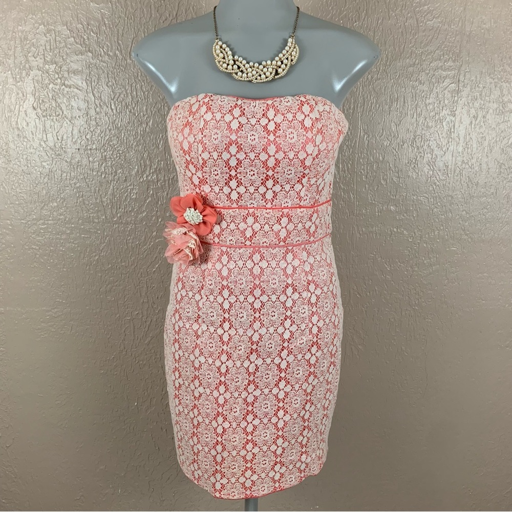 Runway Couture Pink Lace Strapless Mini Dress